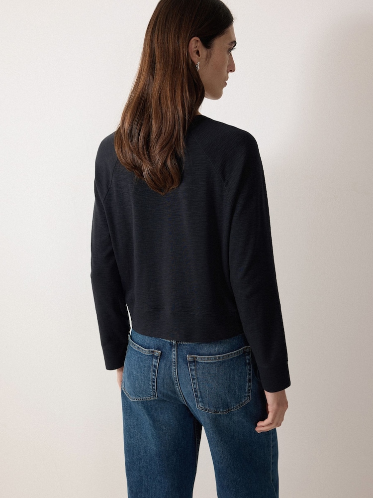 Jigsaw Blue Cotton Luxe Crew Cardigan - Image 2 of 2 Jigsaw Blue Cotton Luxe Crew Cardigan - Image 2 of 2