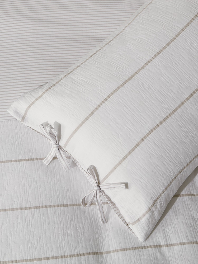 Vantona White Stone Stripe Gauze Quilt Cover Set with Bow Tie Closure - Image 3 of 3 Vantona White Stone Stripe Gauze Quilt Cover Set with Bow Tie Closure - Image 3 of 3
