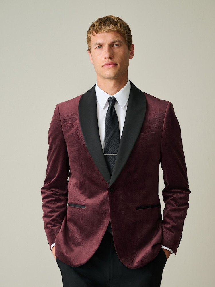 Burgundy Red Geometric Slim Fit Patterned Velvet Blazer - Image 1 of 10 Burgundy Red Geometric Slim Fit Patterned Velvet Blazer - Image 1 of 10