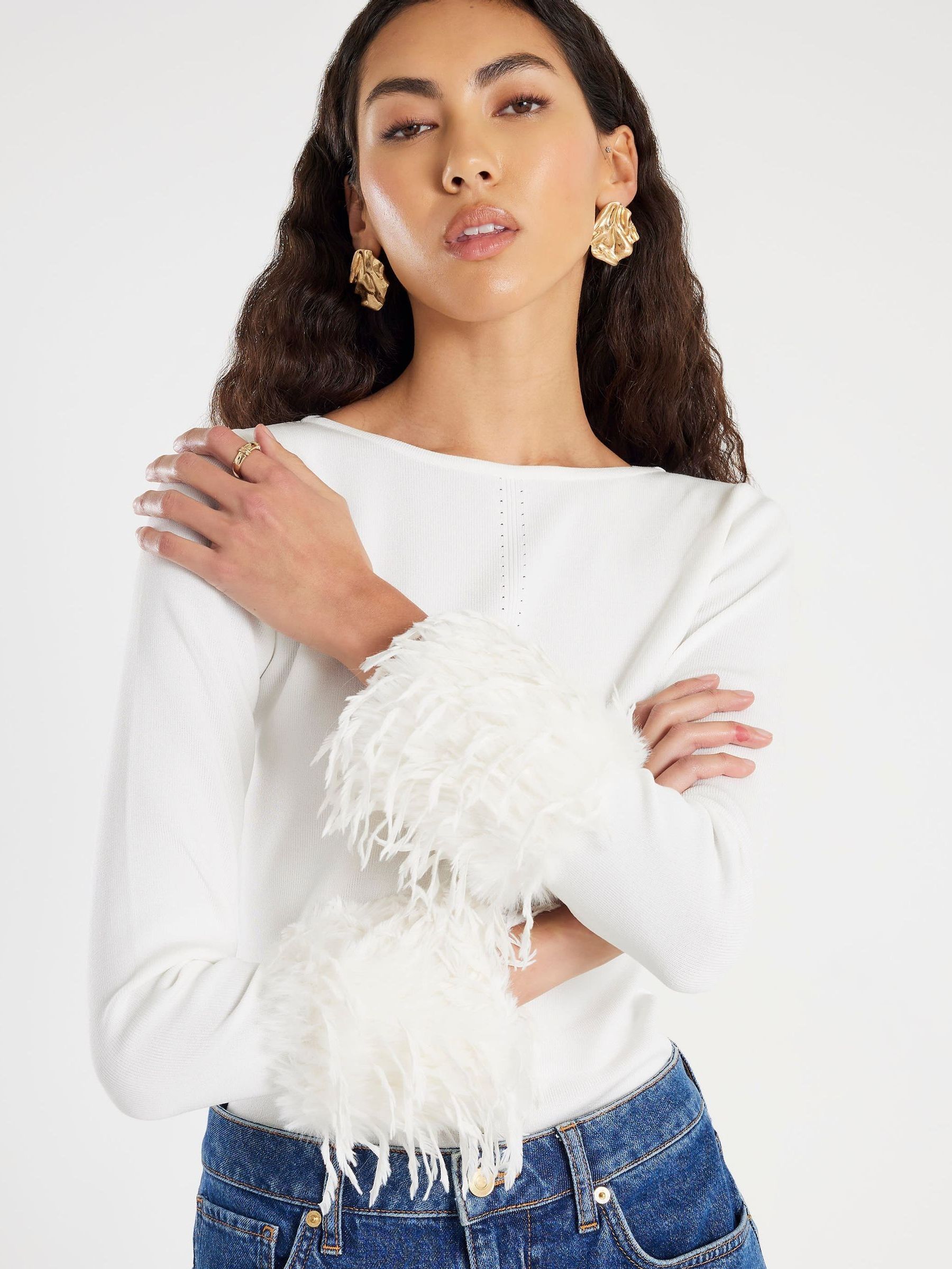 Buy River Island Cream Slash Neck Feather Cuff Top from Next