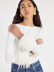 River Island Cream Slash Neck Feather Cuff Top - Image 1 of 4