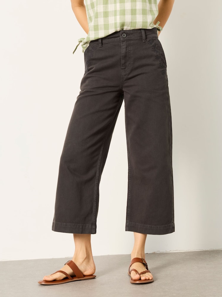 FatFace Hove Grey Embroidered Wide Leg Crop Trouser - Image 1 of 5 FatFace Hove Grey Embroidered Wide Leg Crop Trouser - Image 1 of 5