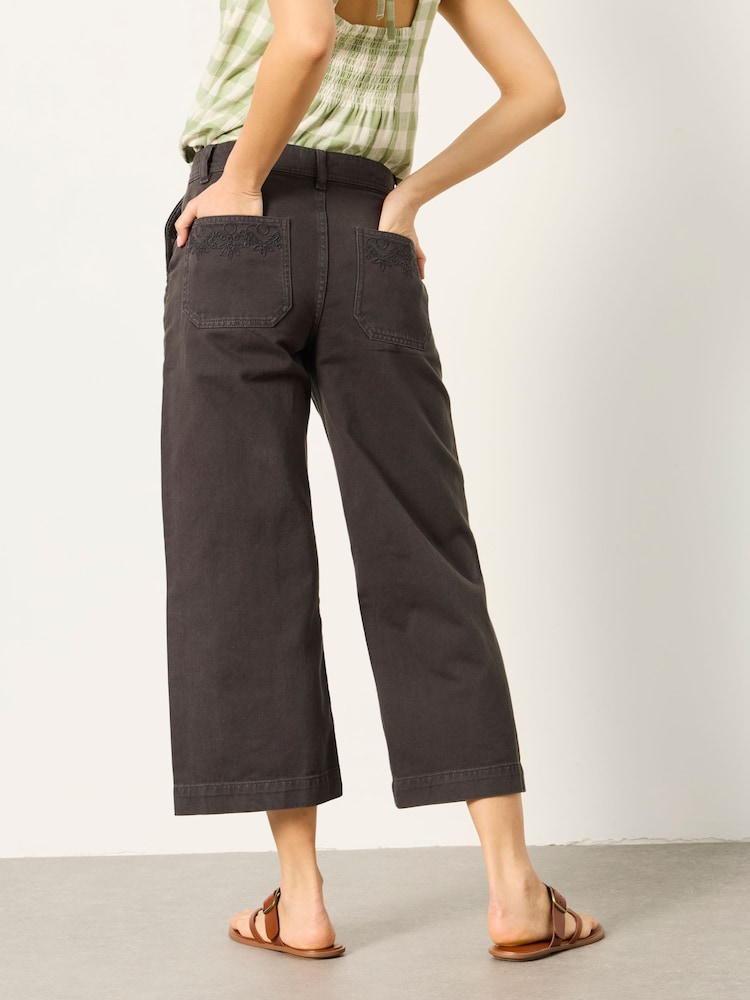 FatFace Hove Grey Embroidered Wide Leg Crop Trouser - Image 2 of 5 FatFace Hove Grey Embroidered Wide Leg Crop Trouser - Image 2 of 5