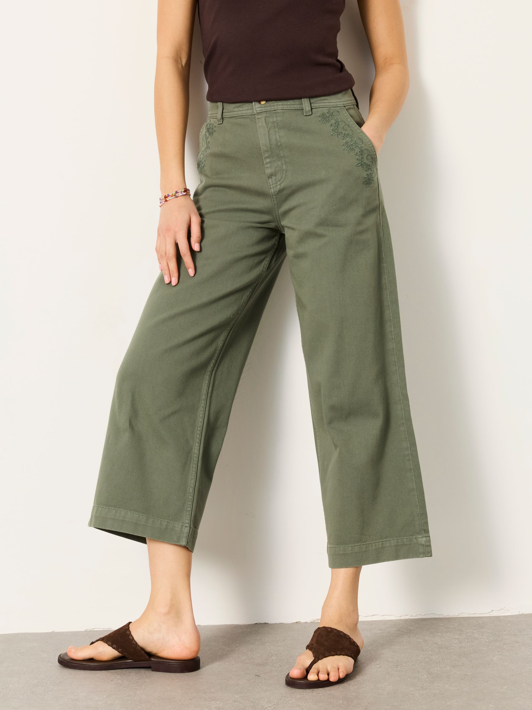 FatFace Hove Green Embroidered Wide Leg Crop Trouser