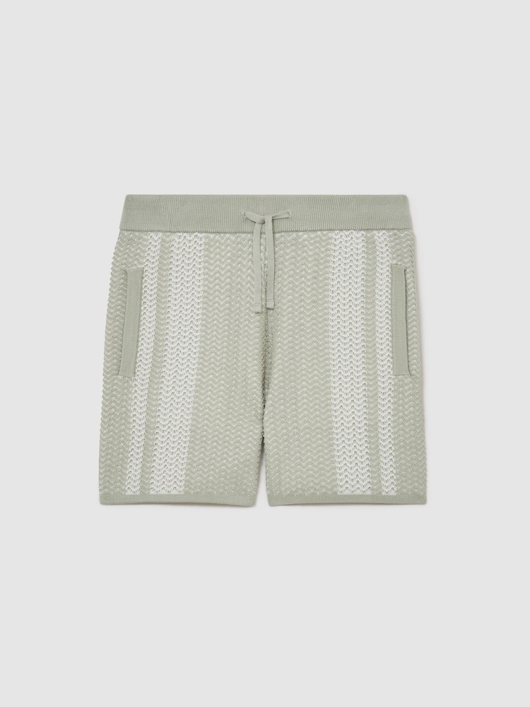 Reiss Sage/White Rudy Cotton Textured-Knit Striped Shorts - Image 1 of 3