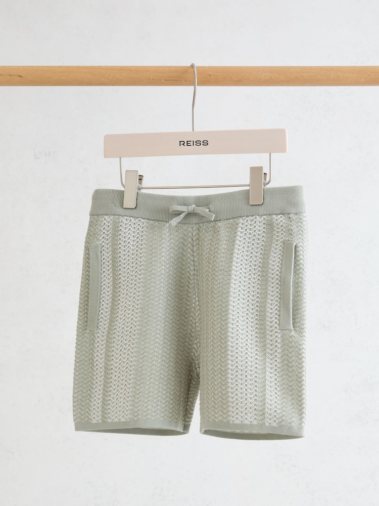 Reiss Sage/White Rudy Cotton Textured-Knit Striped Shorts - Image 2 of 3