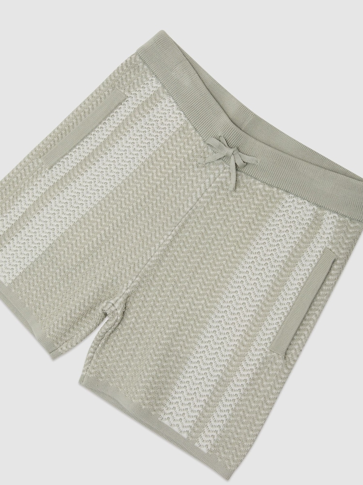 Reiss Sage/White Rudy Cotton Textured-Knit Striped Shorts - Image 3 of 3