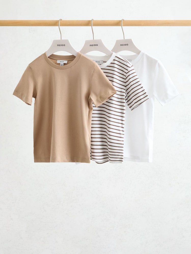 Reiss Stone/Brown Stripe/White Bless 3 Pack 13-14 yrs 3 Pack Cotton Crew-Neck T-Shirts - Image 2 of 3