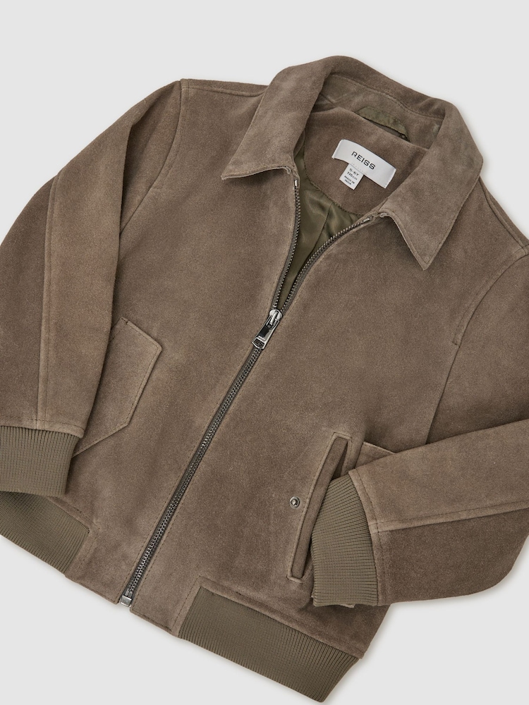 Reiss Green Sainsie 13-14 yrs Suede Zip-Through Jacket - Image 1 of 3