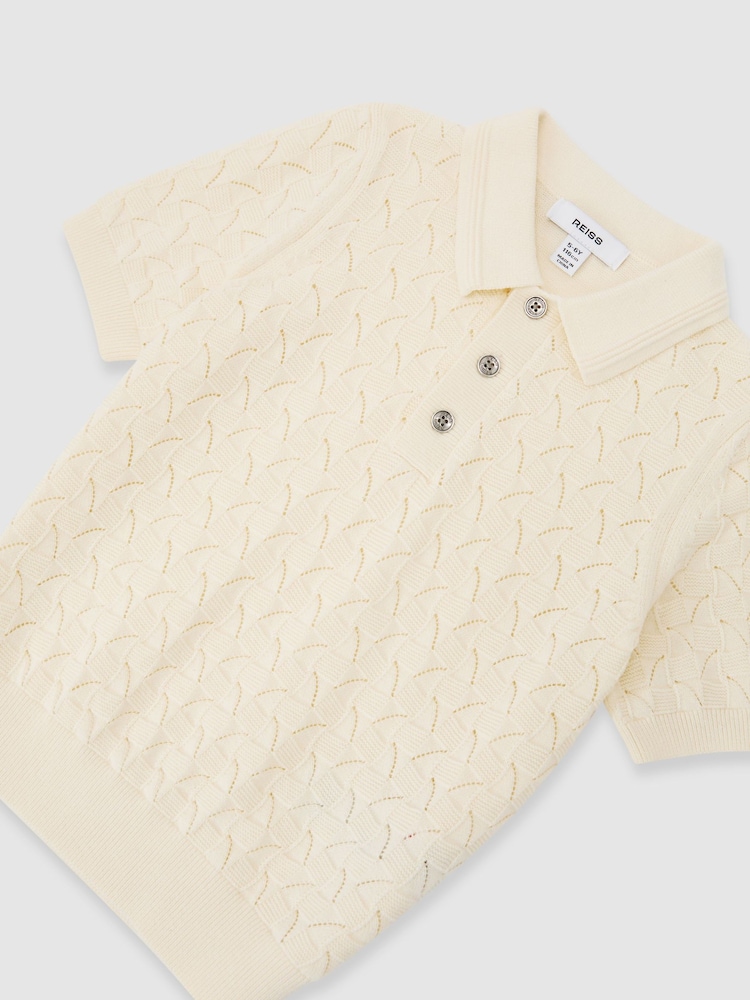 Reiss Off White Boston Cotton Pointelle-Knit Polo Jumper - Image 1 of 3