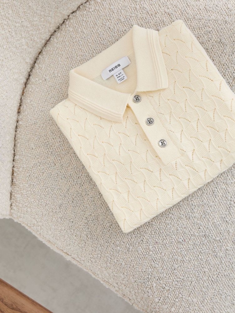 Reiss Off White Boston Cotton Pointelle-Knit Polo Jumper - Image 2 of 3