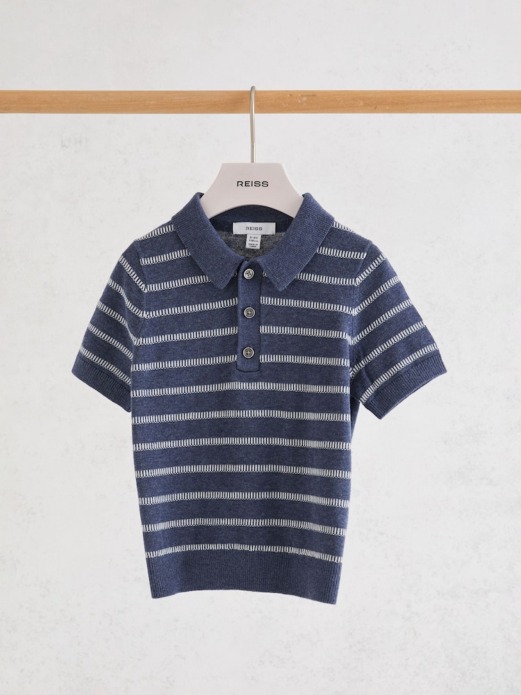 Reiss Navy/White Carter 13-14 yrs Cotton Stripe Knitted Polo Jumper - Image 2 of 3