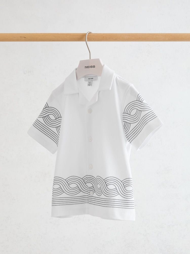 Reiss White/Navy Arden 9-13 yrs Cotton Embroidered Cuban-Collar Shirt - Image 1 of 3