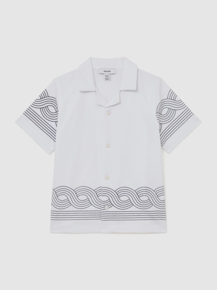 Reiss White/Navy Arden 9-13 yrs Cotton Embroidered Cuban-Collar Shirt - Image 2 of 3