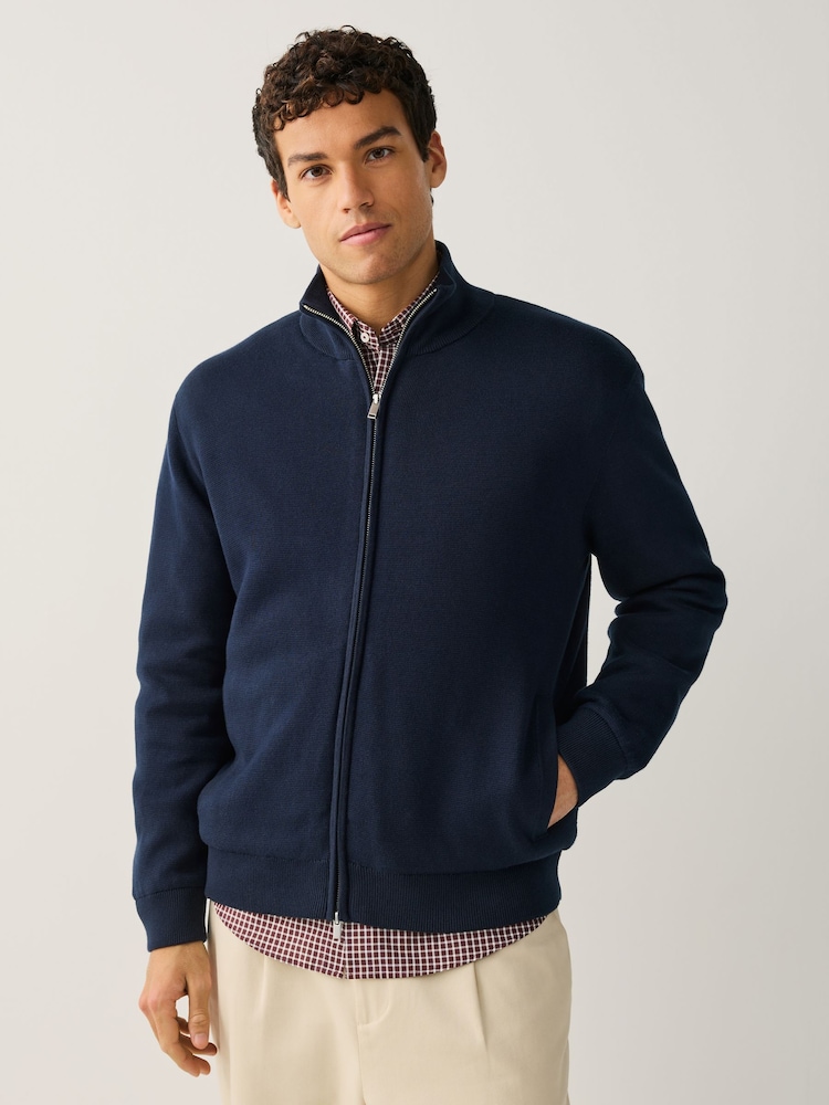 Navy Blue Relaxed Fit Premium Borg Fleece Lined Zip Through Cardigan - Image 1 of 10