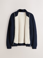 Navy Blue Relaxed Fit Premium Borg Fleece Lined Zip Through Cardigan - Image 7 of 10