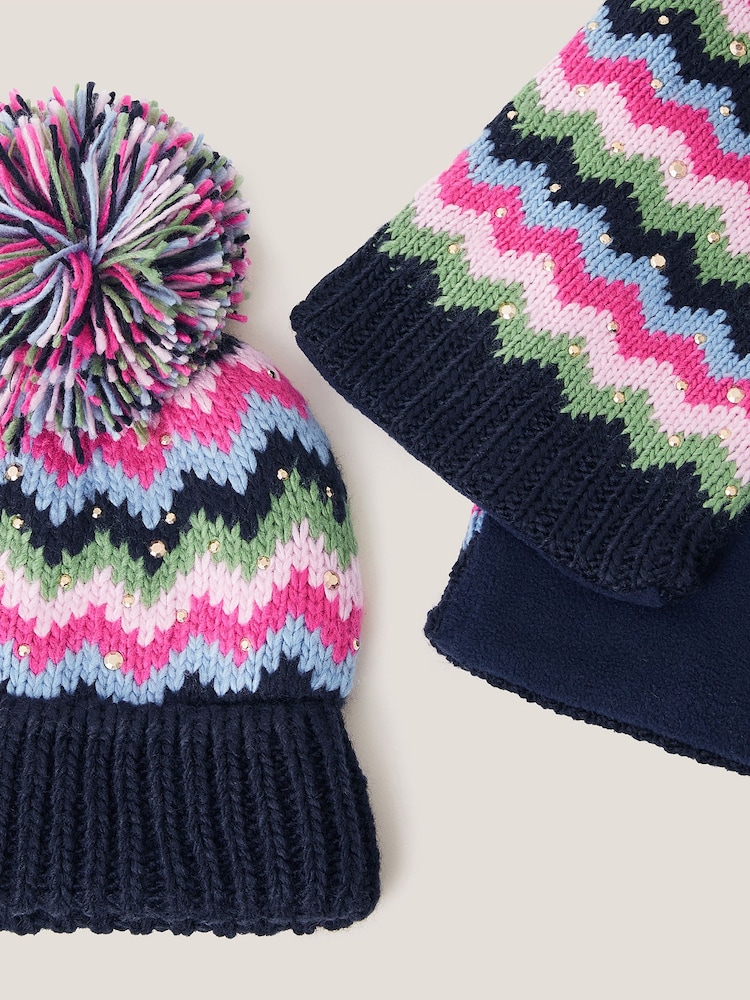 Monsoon Pink Zig Zag Bobble Hat & Scarf Set - Image 2 of 2 Monsoon Pink Zig Zag Bobble Hat & Scarf Set - Image 2 of 2