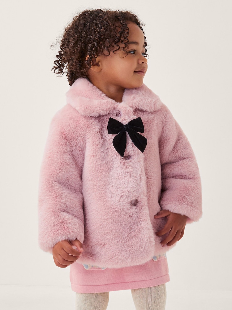 Monsoon Pink Baby Bow Faux Fur Coat - Image 1 of 3 Monsoon Pink Baby Bow Faux Fur Coat - Image 1 of 3