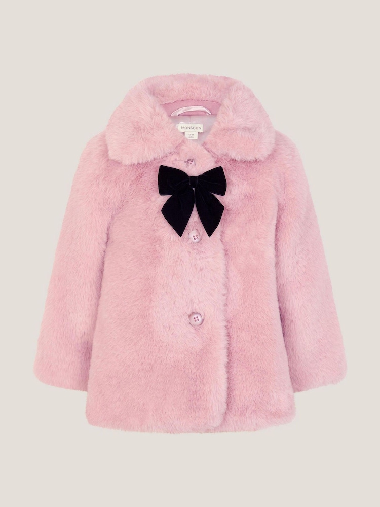 Monsoon Pink Baby Bow Faux Fur Coat - Image 2 of 3 Monsoon Pink Baby Bow Faux Fur Coat - Image 2 of 3
