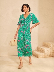 Love & Roses Green Floral Ruffle Jersey Midi Dress - Image 1 of 4