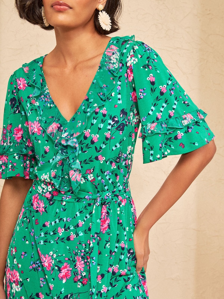 Love & Roses Green Floral Ruffle Jersey Midi Dress - Image 2 of 4 Love & Roses Green Floral Ruffle Jersey Midi Dress - Image 2 of 4