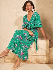 Love & Roses Green Floral Ruffle Jersey Midi Dress - Image 3 of 4