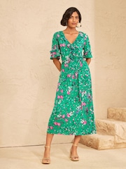 Love & Roses Green Floral Ruffle Jersey Midi Dress - Image 4 of 4