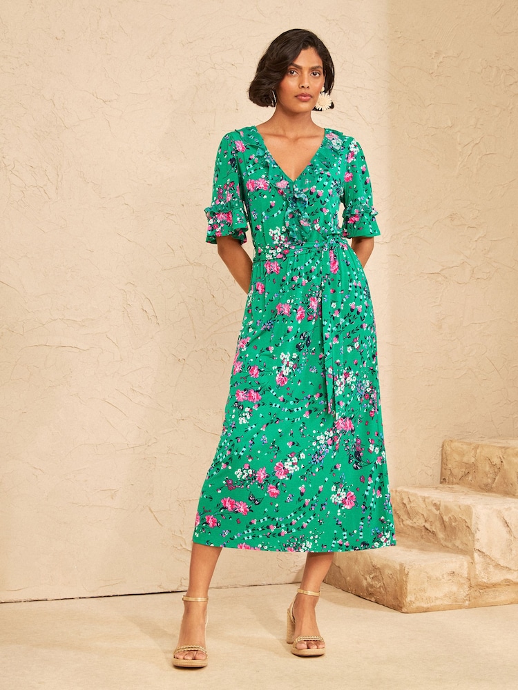 Love & Roses Green Floral Ruffle Jersey Midi Dress - Image 4 of 4 Love & Roses Green Floral Ruffle Jersey Midi Dress - Image 4 of 4