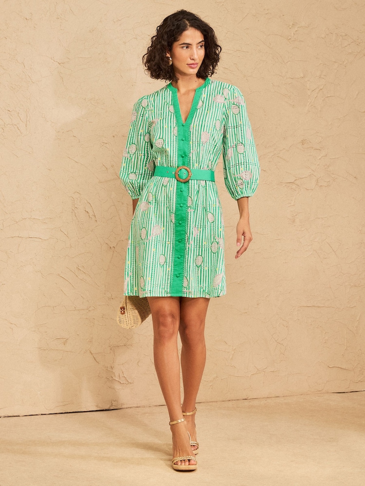 Love & Roses Green Stripe Tennis Broderie Mini Shirt Dress - Image 1 of 4