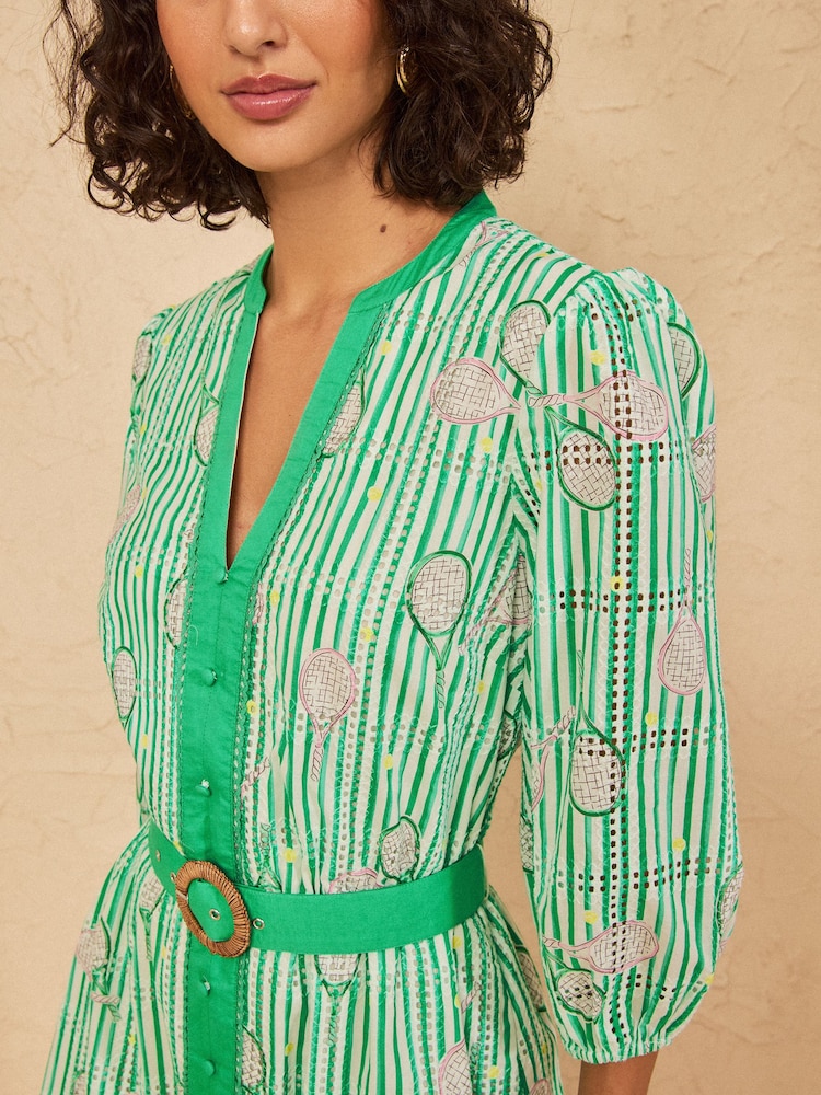 Love & Roses Green Stripe Tennis Broderie Mini Shirt Dress - Image 2 of 4