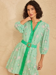 Love & Roses Green Stripe Tennis Broderie Mini Shirt Dress - Image 3 of 4