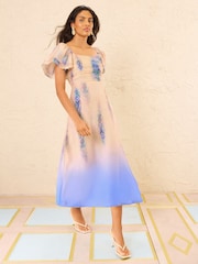 Love & Roses Animal Ombre Blue Flutter Sleeve Pleated Bodice Midi Dress - Image 1 of 4