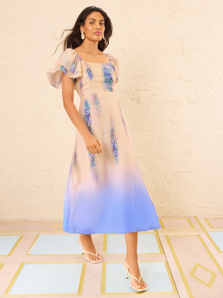 Love & Roses Animal Ombre Blue Flutter Sleeve Pleated Bodice Midi Dress - Image 1 of 4