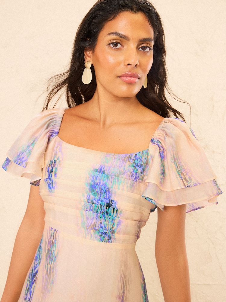 Love & Roses Animal Ombre Blue Flutter Sleeve Pleated Bodice Midi Dress - Image 2 of 4