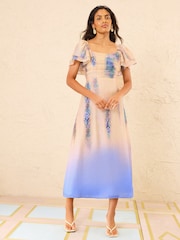 Love & Roses Animal Ombre Blue Flutter Sleeve Pleated Bodice Midi Dress - Image 3 of 4
