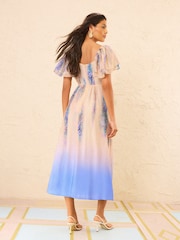 Love & Roses Animal Ombre Blue Flutter Sleeve Pleated Bodice Midi Dress - Image 4 of 4