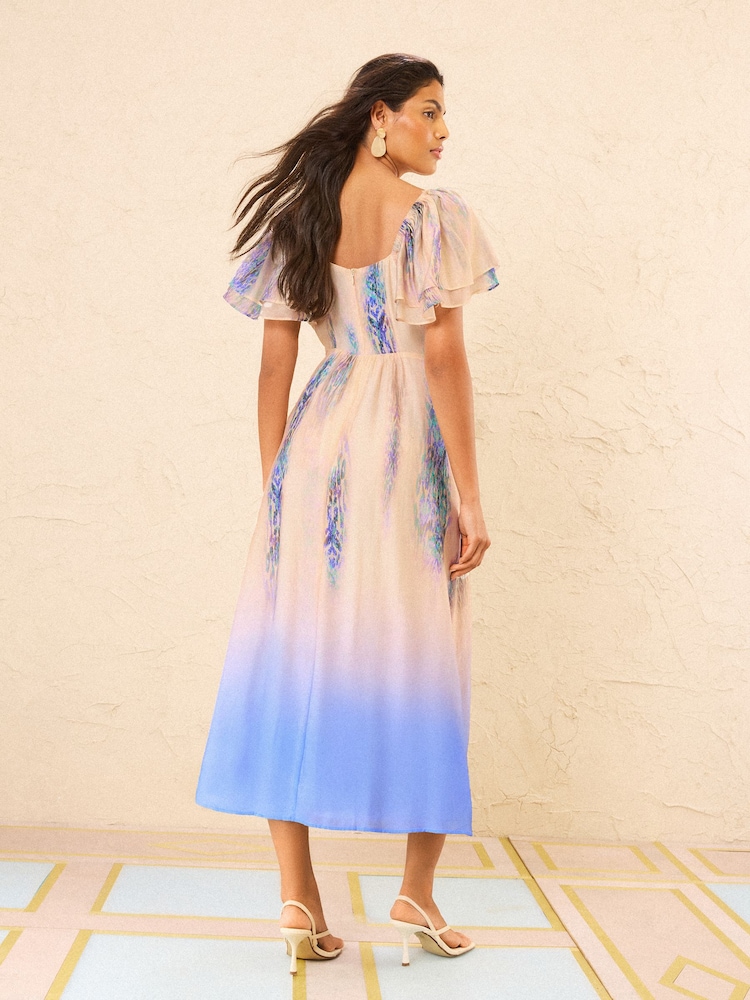Love & Roses Animal Ombre Blue Flutter Sleeve Pleated Bodice Midi Dress - Image 4 of 4