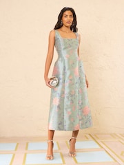 Love & Roses Green Floral Jacquard Scoop Neck Midi Dress - Image 1 of 4