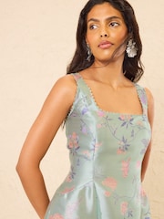 Love & Roses Green Floral Jacquard Scoop Neck Midi Dress - Image 2 of 4