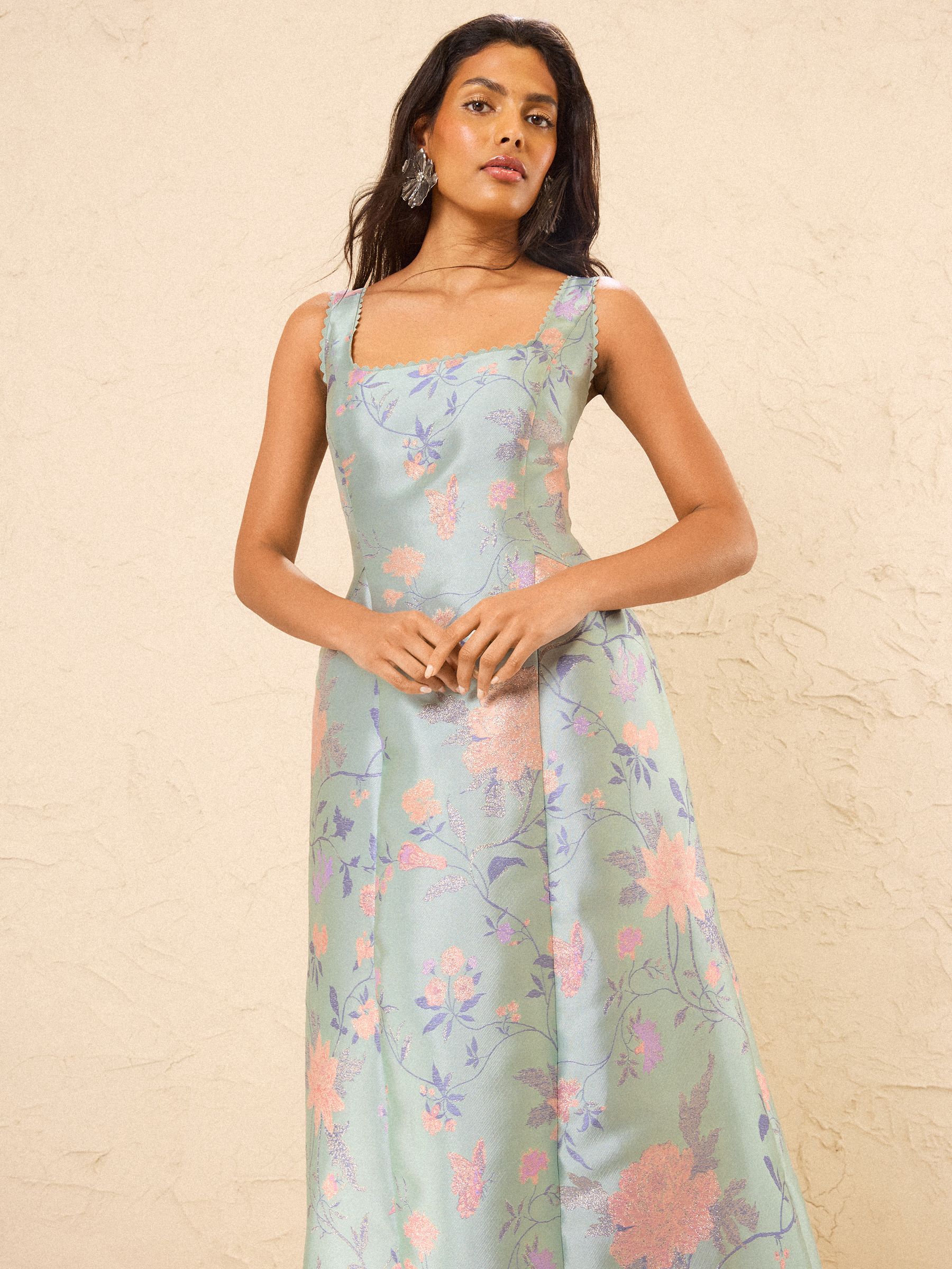 Buy Love & Roses Green Floral Jacquard Scoop Neck Midi Dress from