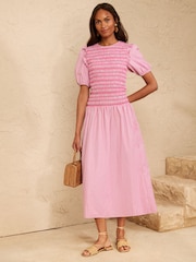Love & Roses Pink Poplin Stripe Shirred Bodice Puff Sleeve Midi Dress - Image 1 of 5