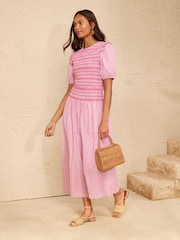 Love & Roses Pink Poplin Stripe Shirred Bodice Puff Sleeve Midi Dress - Image 3 of 5