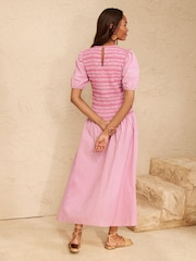 Love & Roses Pink Poplin Stripe Shirred Bodice Puff Sleeve Midi Dress - Image 4 of 5