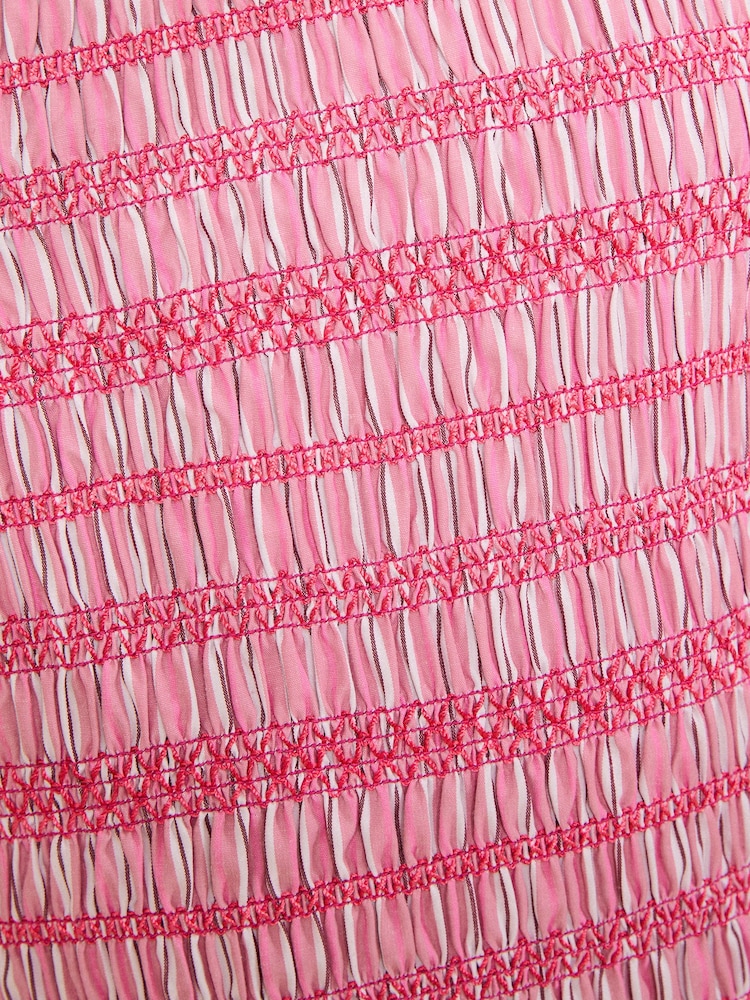 Love & Roses Pink Poplin Stripe Shirred Bodice Puff Sleeve Midi Dress - Image 5 of 5