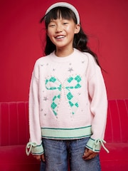 River Island Pink Argyle Bow Jumper - Image 1 of 4