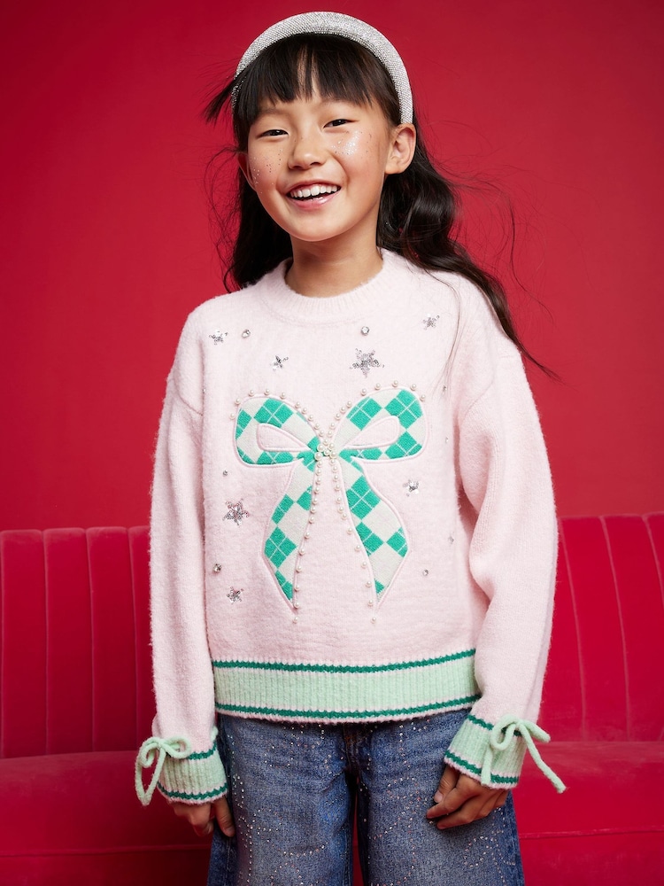 River Island Pink Argyle Bow Jumper - Image 1 of 4