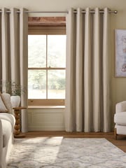 Set of 2 Natural Woven Stab Stitch Stripe Eyelet Lined Curtains - Image 2 of 5