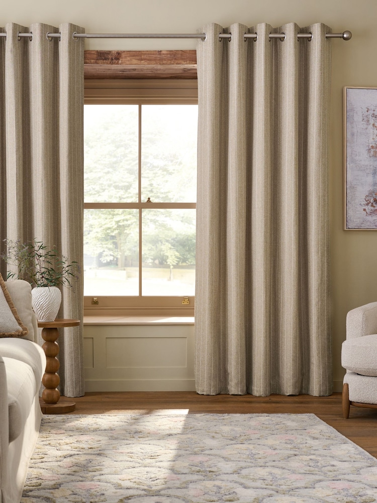Set of 2 Natural Woven Stab Stitch Stripe Eyelet Lined Curtains - Image 2 of 5 Set of 2 Natural Woven Stab Stitch Stripe Eyelet Lined Curtains - Image 2 of 5