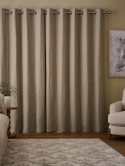 Set of 2 Natural Woven Stab Stitch Stripe Eyelet Lined Curtains - Image 3 of 5