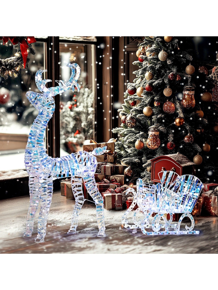 Outsunny Silver Tone Lighted Christmas Reindeer with Sleigh - Image 1 of 6